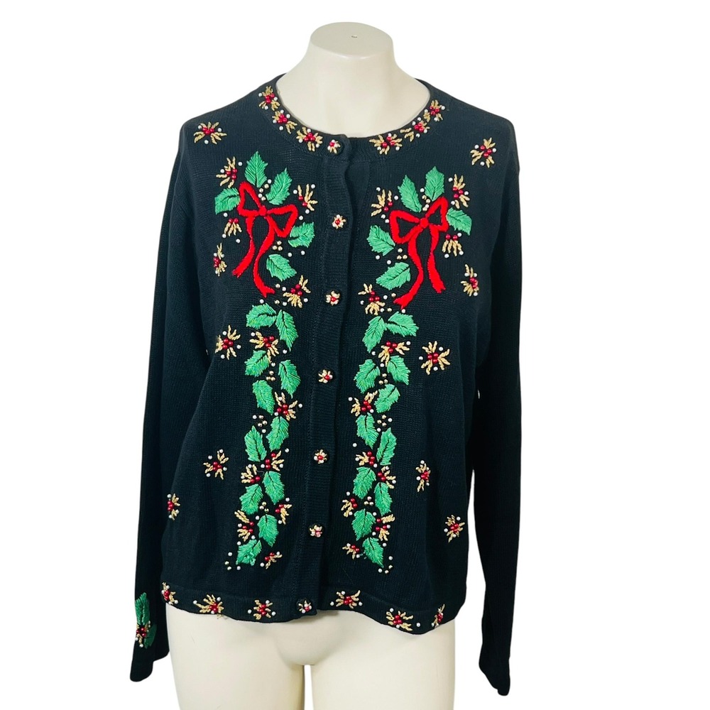 Studio Collection Christmas Sweater Holly Leaves Bows Beaded‎ Holiday Festive L
